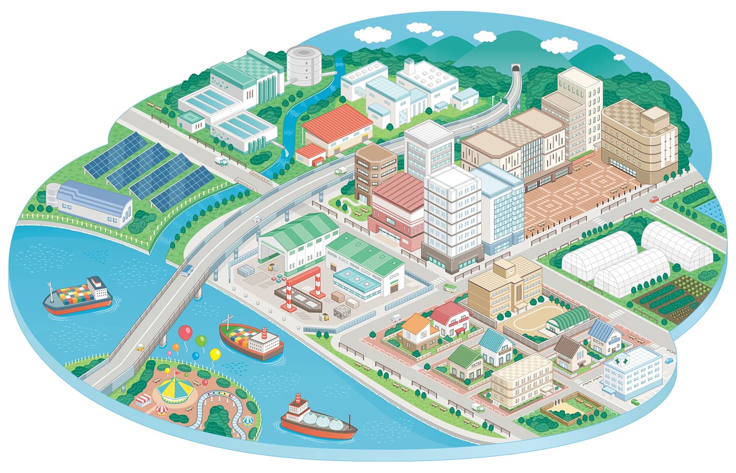 製品紹介_アイソメトリックな街の俯瞰イラスト_街・町・都市・施設・建物・街並みイラスト_イラストレーターいわたまさよし