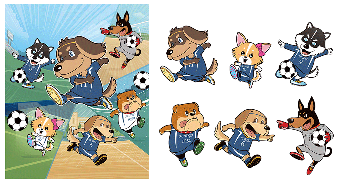 サッカーチームのマスコットキャラクター_コミカルタッチ_コミカルイラスト_イラストレーターいわたまさよし