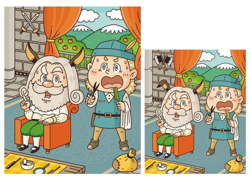 子ども向けコミカルイラスト｜児童書・学習教材｜適度な難易度のまちがい探しなので幼児からご年配の方まで、幅広く楽しんでいただけます。イラストは『王様の耳はロバの耳』のまちがい探しになります。