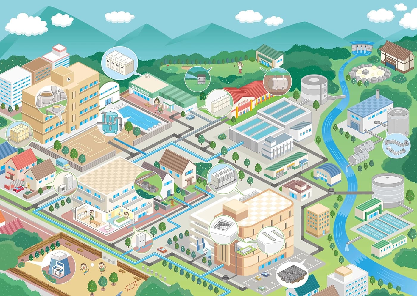 街並み｜俯瞰図・鳥瞰図・アイソメトリックイラスト｜企業の商品紹介用パンフレット　街並み俯瞰図・アイソメトリックイラスト制作
