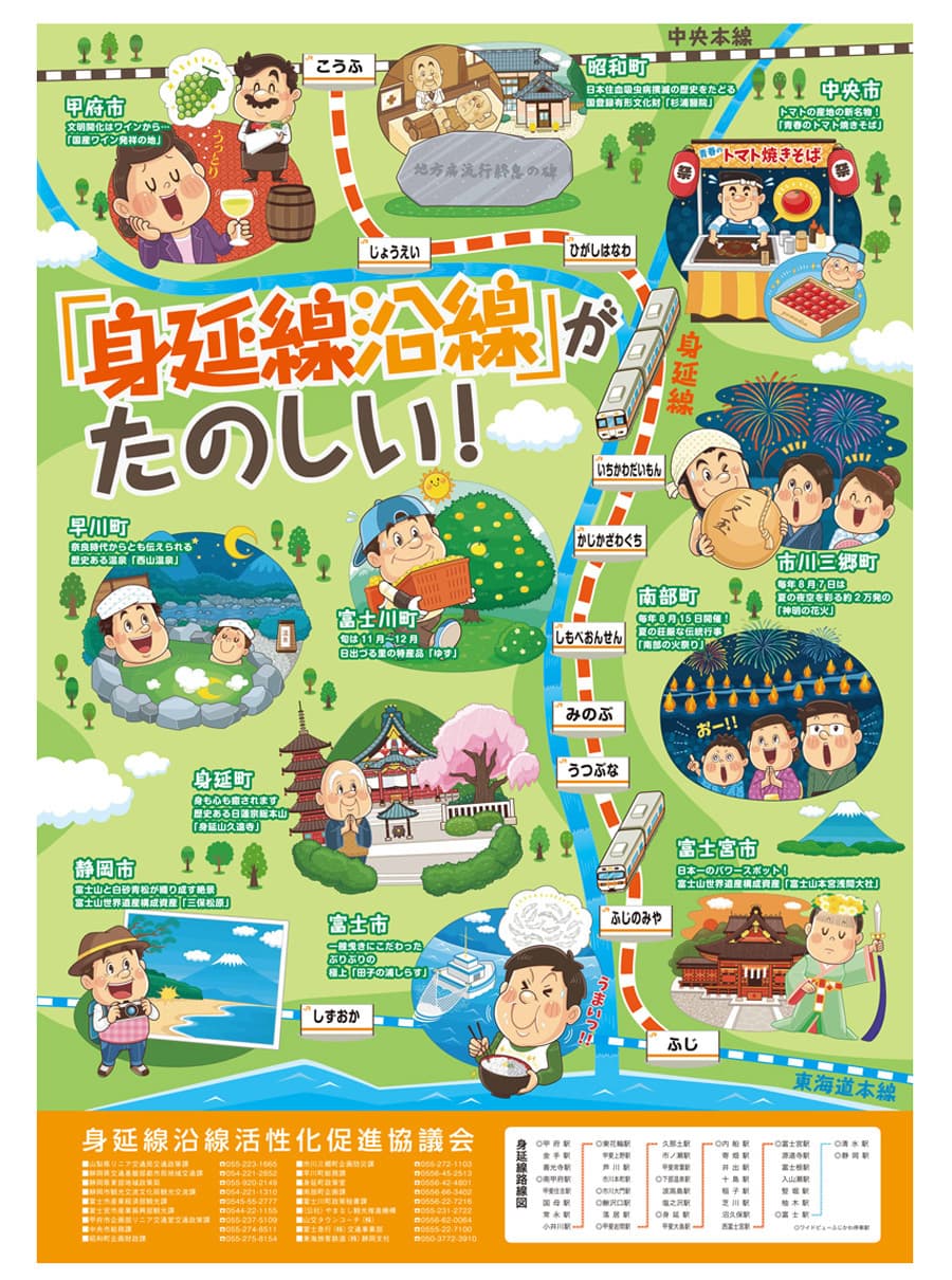 コミカルイラスト｜JR身延線沿線にある名所や特産品などをご紹介したポスターイラスト制作