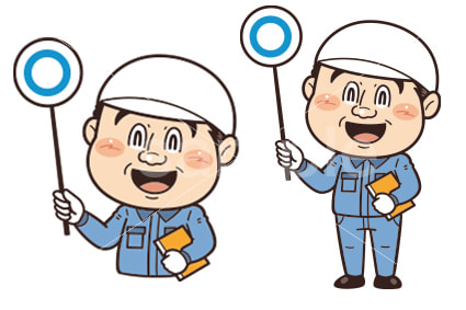 工場や現場で働く男性作業員がマルのプラカードを掲げている正解イラスト｜不安全行動・不安全状態・労働災害