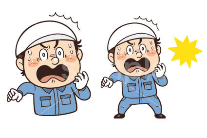 工場や現場で働く作業員が焦ってびっくりしているイラスト｜不安全行動・不安全状態・労働災害・安全確認