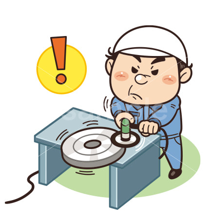 保護具を着用せず不安定な場所でサンダー作業中の工場作業員イラスト｜不安全行動・不安全状態・労働災害