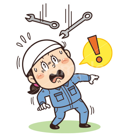 スパナなどの落下物や飛来落下に驚いている工場・現場の作業員イラスト｜不安全行動・不安全状態・労働災害