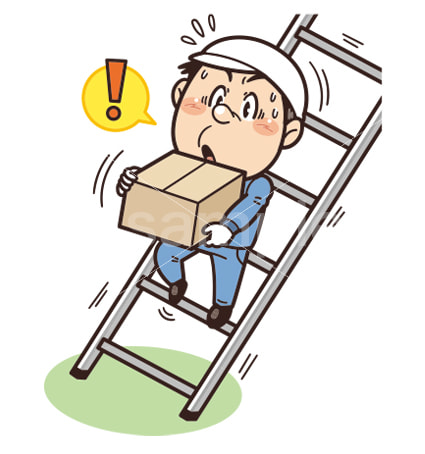 不安定な状態の脚立で危険な高所作業中の工場・現場の作業員イラスト｜不安全行動・不安全状態・労働災害