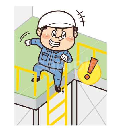 ハシゴを使わず飛び降りようとしている工場・現場の作業員イラスト｜不安全行動・不安全状態・危険・労働災