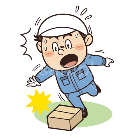 ダンボールや放置物につまずく工場・現場の作業員イラスト｜不安全行動・不安全状態・転倒リスク・労働災害