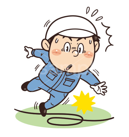 配線コードやケーブルにつまずく工場・現場の作業員イラスト｜不安全行動・不安全状態・転倒・労働災害