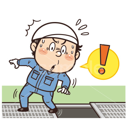 グレーチング未設置のため落下リスクのある工場・現場の作業員イラスト｜不安全行動・不安全状態・労働災害