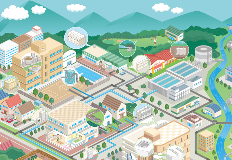 企業の製品紹介に強い街の俯瞰イラスト・アイソメトリック・鳥瞰図。