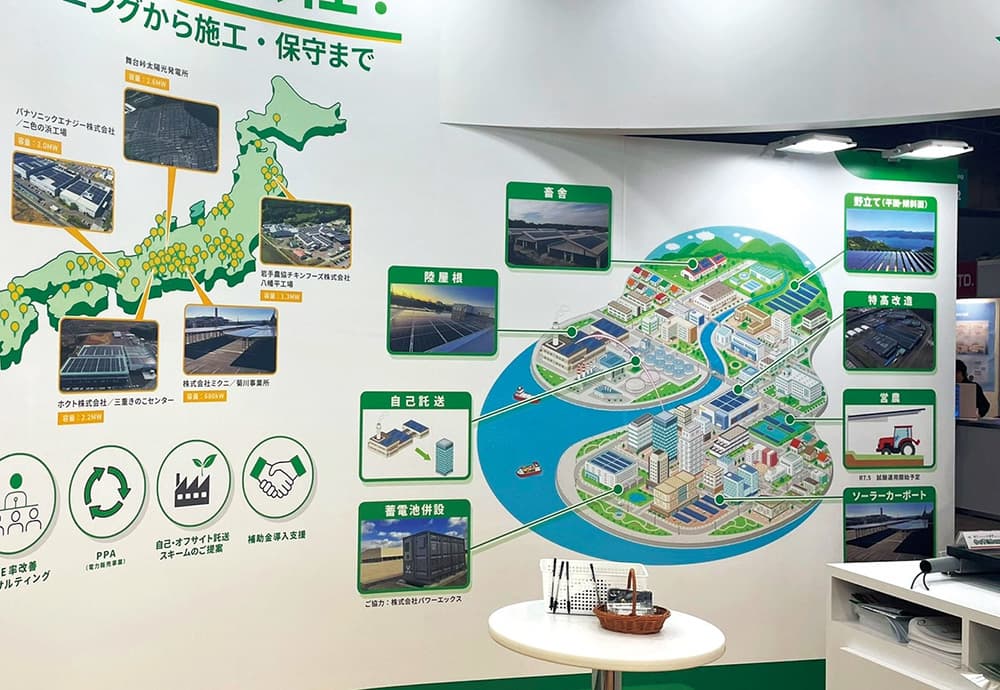 太陽光発電の導入をサポートする企業のイベント用展示パネル｜街並みを俯瞰で描いたアイソメトリックイラスト（鳥瞰図）