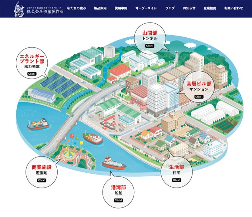 ボルト製品を紹介したWebサイト｜街並みを俯瞰で描いたアイソメトリックイラスト（鳥瞰図）