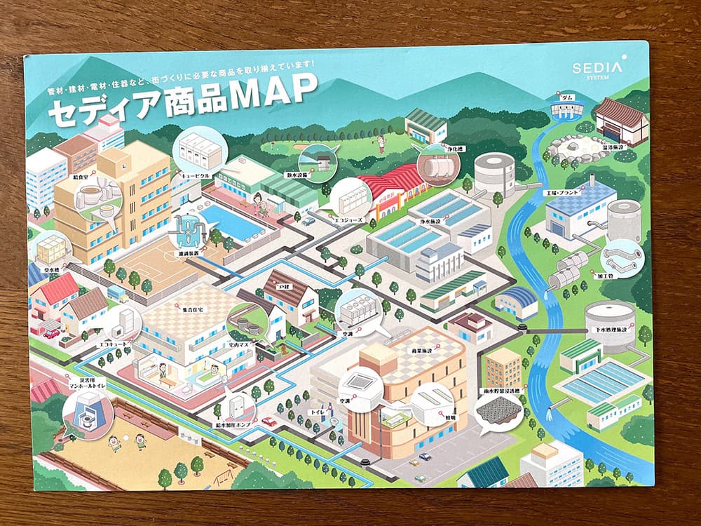 企業製品を紹介するパンフレット｜街並みの俯瞰で描くアイソメトリックイラスト制作（鳥瞰図）