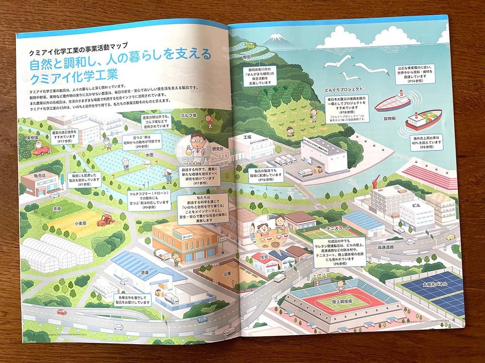 農薬や化成品を紹介するパンフレット｜街並みの俯瞰で描くアイソメトリックイラスト制作（鳥瞰図）