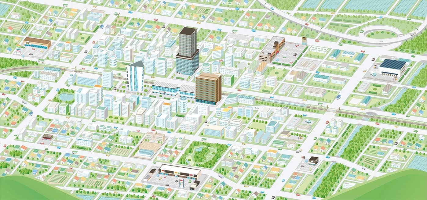 不動産やホテル事業を展開する企業のWebサイト｜街並みの俯瞰で描くアイソメトリックイラスト制作（鳥瞰図）