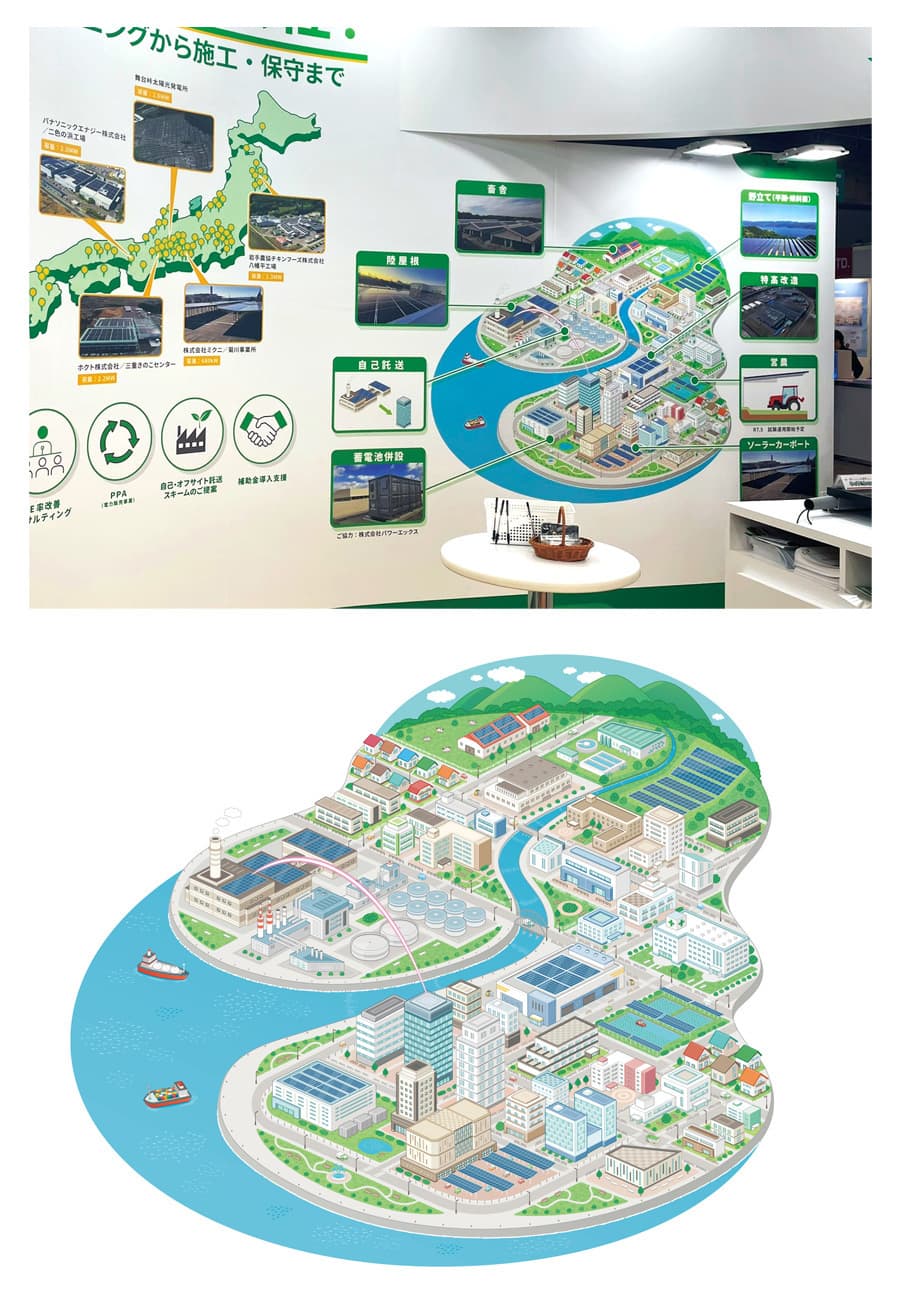 株式会社FD〈展示会用パネル〉｜企業広告用街並みの俯瞰・鳥瞰アイソメトリックイラスト制作