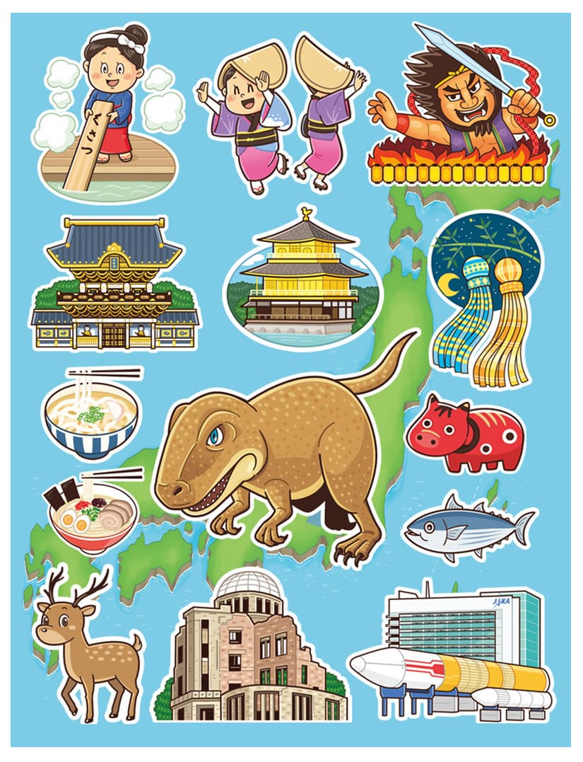 子ども向けコミカルイラスト｜児童書・学習教材｜ 出版社のすごろく企画で制作した小学生向けのすごろくイラストです。日本全国の観光地や名産品をコミカルにデフォルメしたタッチで描きました。 