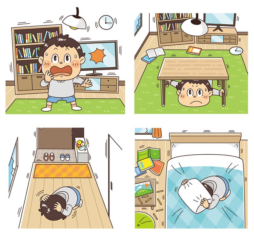 子ども向けコミカルイラスト｜児童書・学習教材｜4〜6歳くらいの幼児を対象とした児童書の防災シールブックです。イラストとシールを担当。難しそうに感じる防災知識も、楽しくシールを貼りながら覚えることができます。