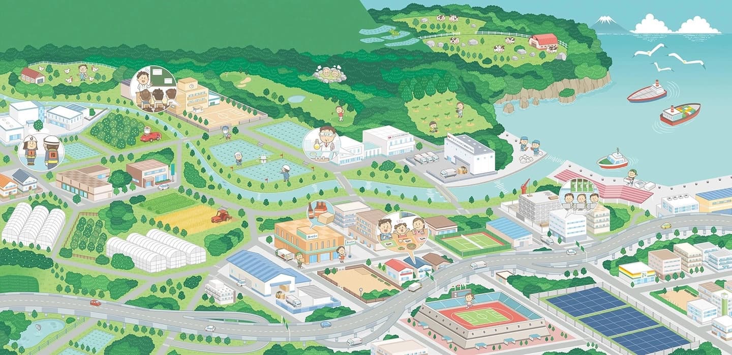 街並み｜俯瞰図・鳥瞰図・アイソメトリックイラスト｜企業CSR パンフレット　街並み俯瞰図・アイソメトリックイラスト制作
