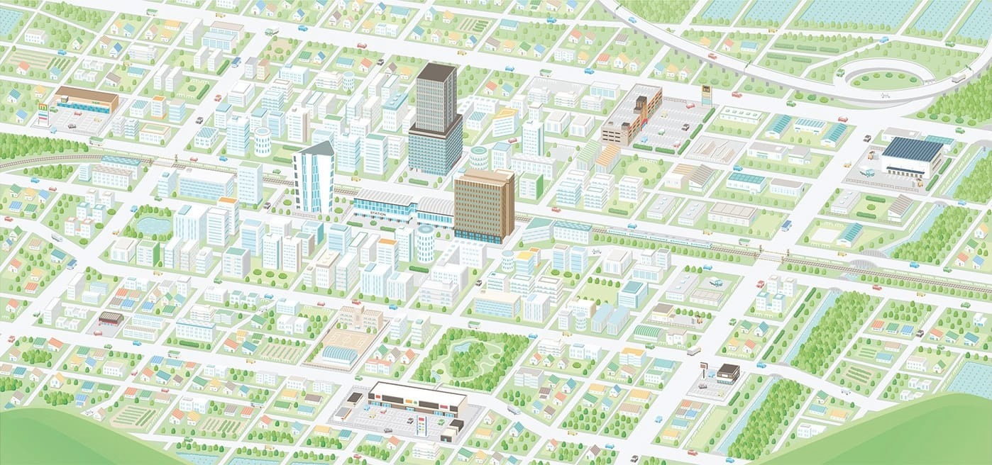 不動産やホテル事業を展開する企業のWebサイト｜街並みの俯瞰で描くアイソメトリックイラスト制作（鳥瞰図）